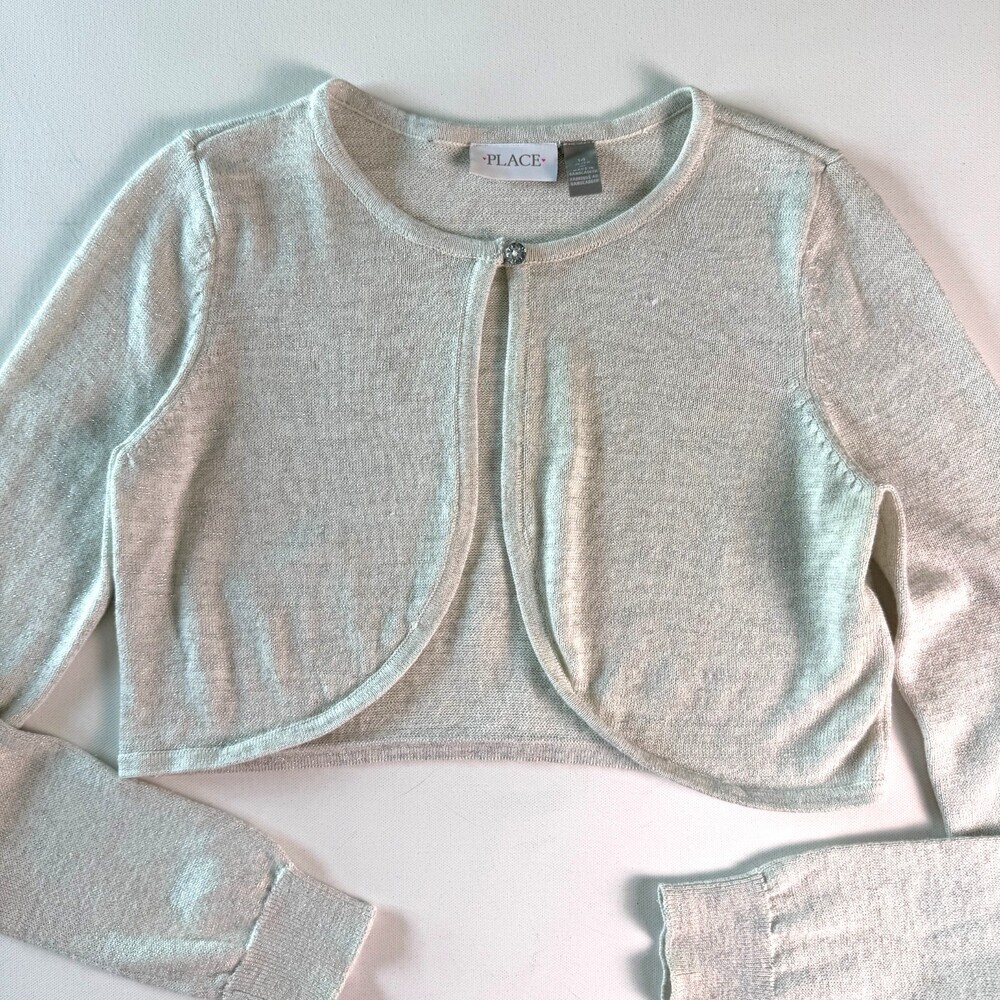 The Children's Place Girl's Sz 14 White Sparkle Shrug Crop Cardigan Sweater L/S - Picture 2 of 15
